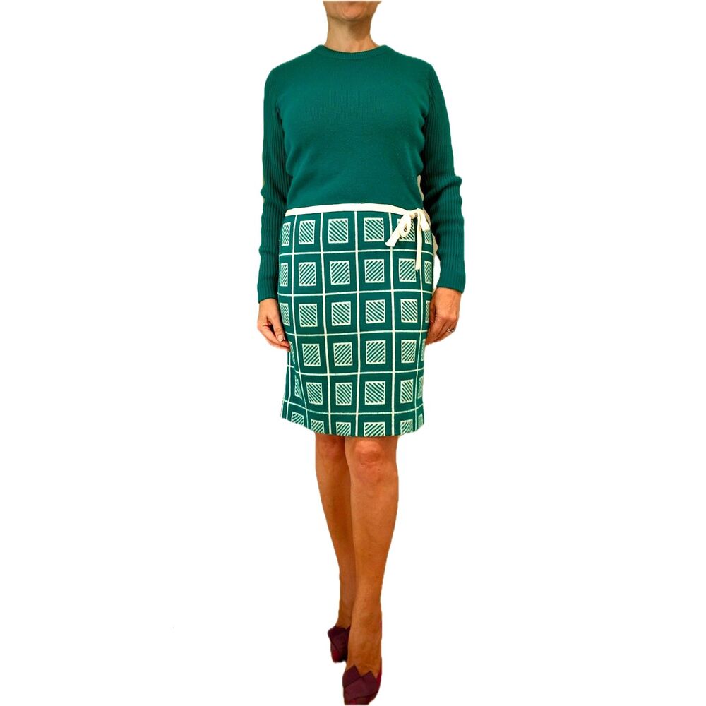 Vtg 70s Sears Juniors Bazaar Green Knit Tie Waist Shift Sweater MiniDress sz 4/6